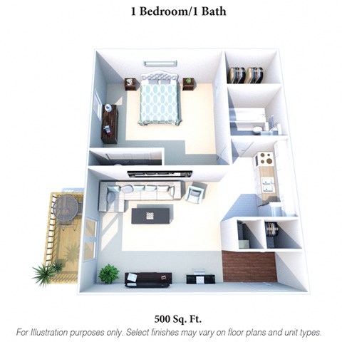 Floor plan for 1 bed, 1 bath, 500 sqft
